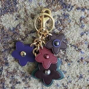 Coach Star Floral Leather Bag Charm Keychain - Gold Hardware
